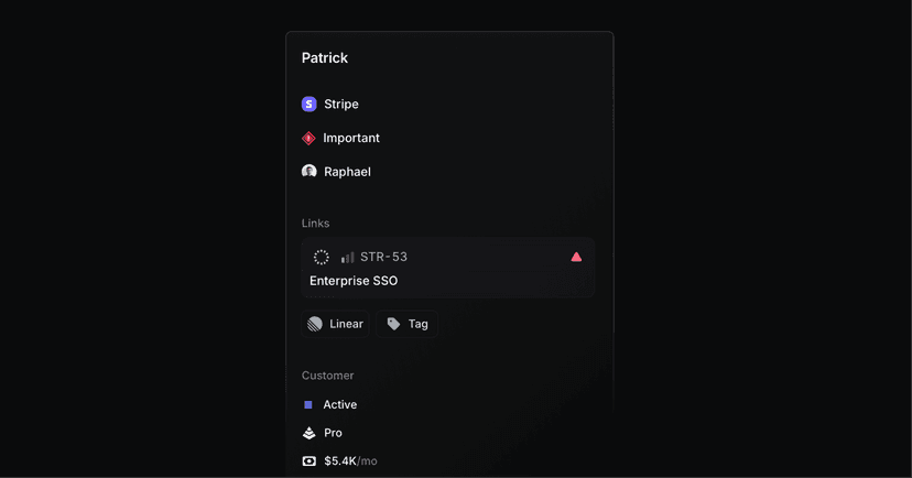 Customer context sidebar showing company details and linked Linear issues