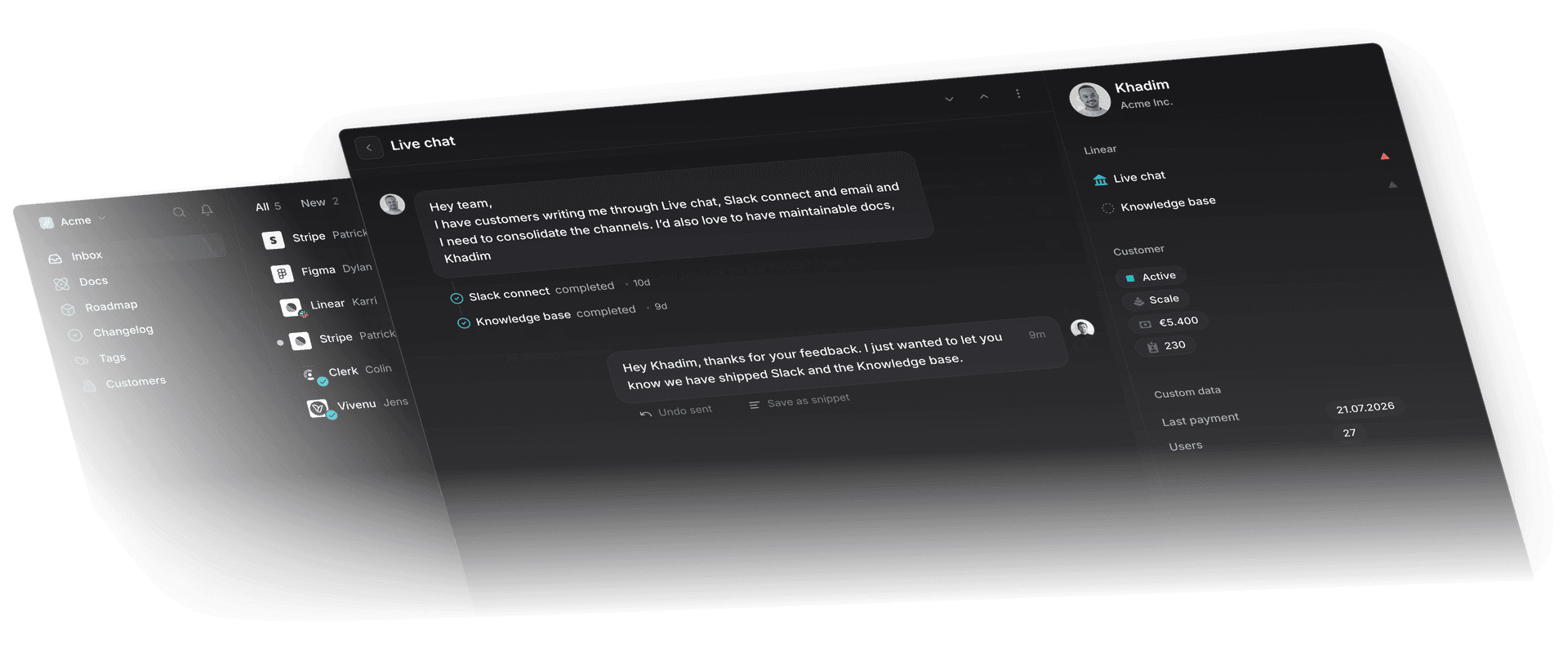 Inbox showing AI agent handing off a conversation with full context
