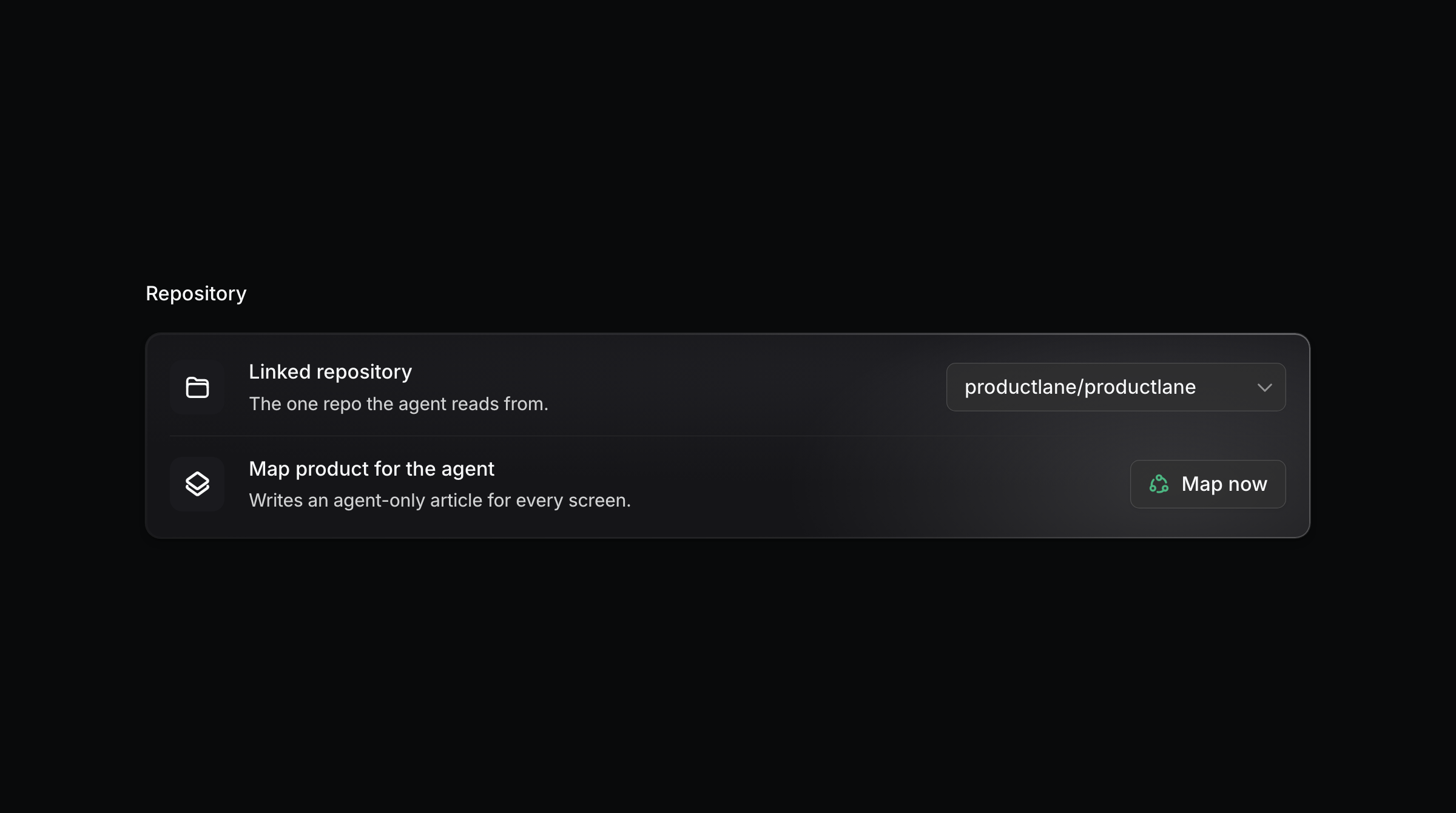 Repository settings panel with linked repository selector and map now button