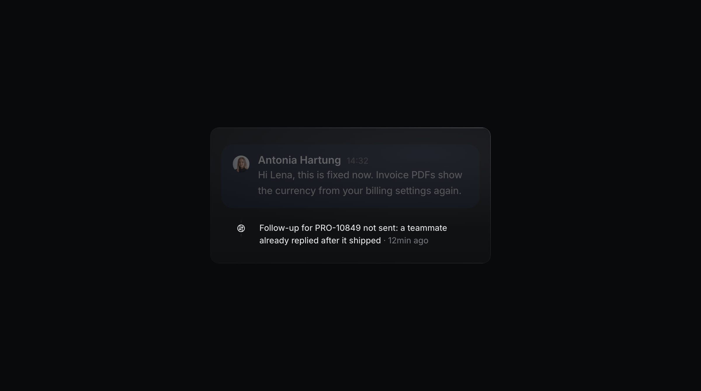 Chat message from Antonia Hartung above a note that follow-up for PRO-10849 was not sent