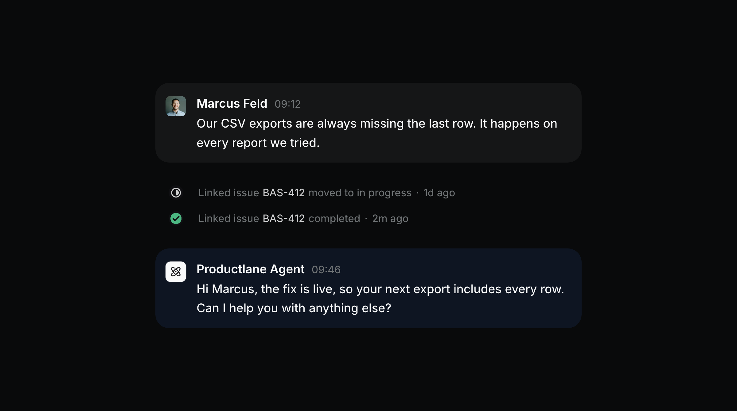 Thread with a customer bug report, the linked Linear issue moving to completed, and the agent's follow-up