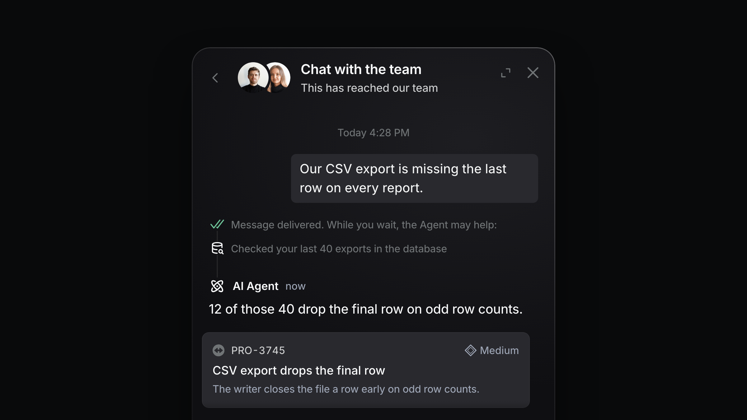 A support agent reading a bug report, checking the database, answering, and filing a Linear issue